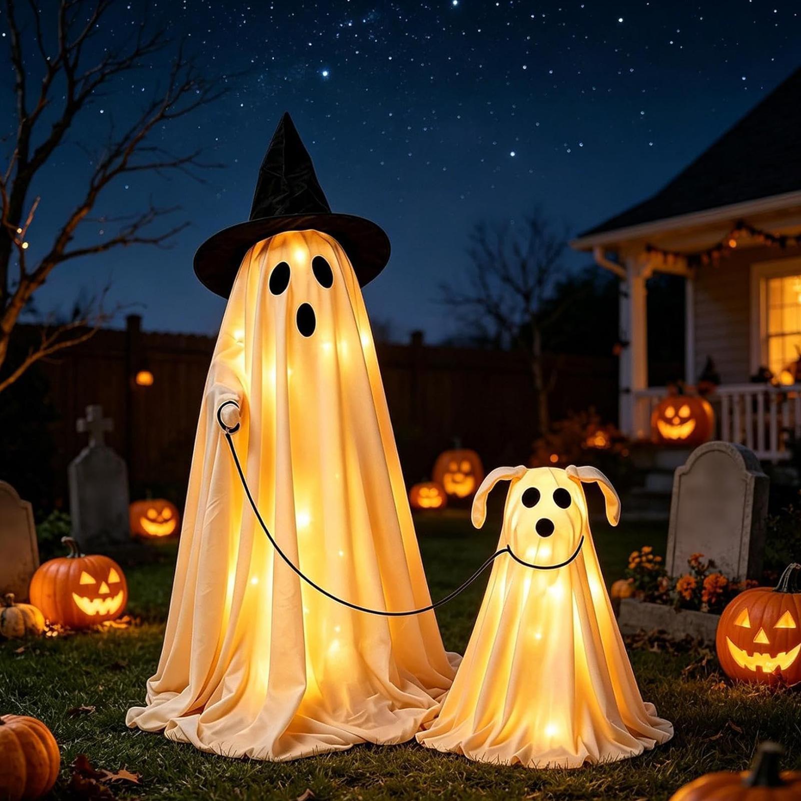 Outdoor Lighting Kits - LEDライト付きゴーストドッグセット 暖かい光の魔女帽子 ハロウィン装飾 屋外芝生飾り 庭、庭園、パティオ、ポーチの装飾用