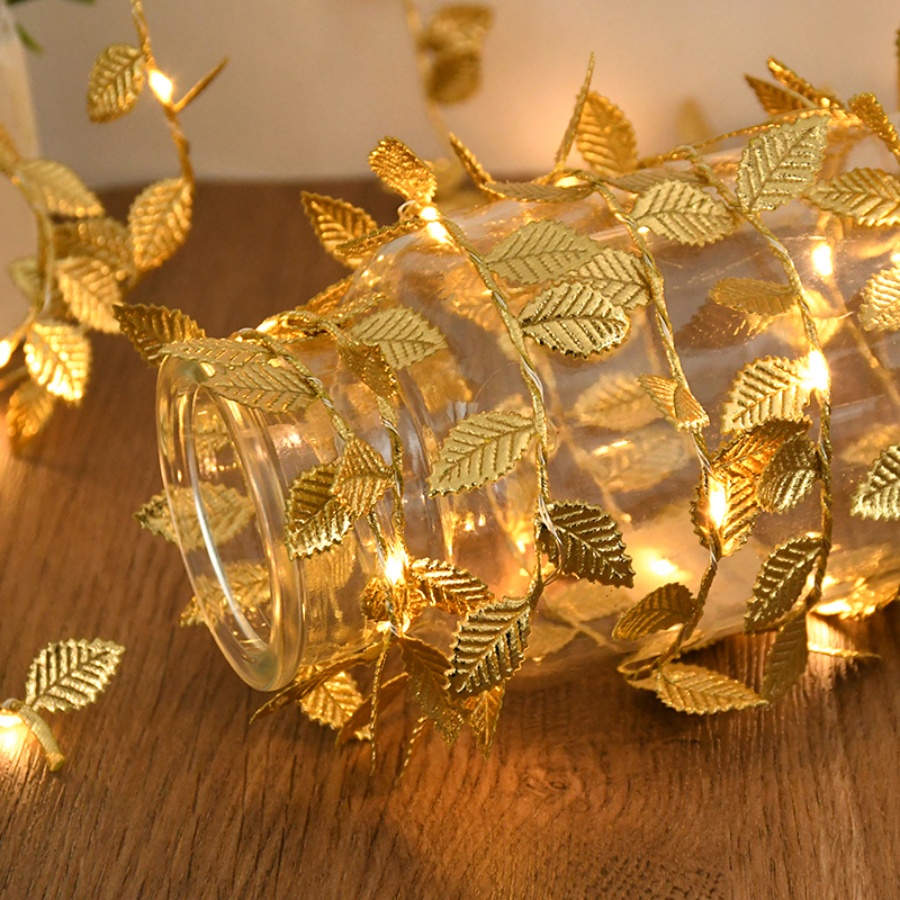 Lighting Wedding Outdoor - ゴールデンリーフラタン銅線ストリングフェアリーライト電池式、クリスマス結婚式誕生日バルコニー屋内屋外パーティーデコレーション