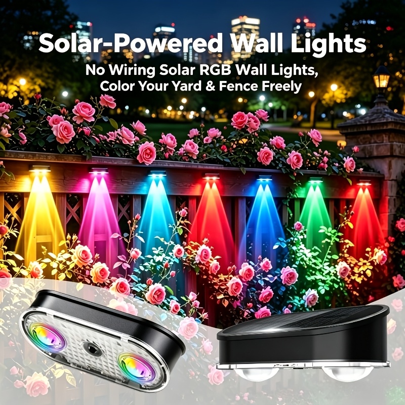 Outdoor Lighting Dusk To Dawn - RGBソーラーフェンスライトIP44、8色11モード、夜明けから夕暮れまで自動点灯、装飾用屋外ランプ、中庭、階段、壁、テラス、ホテル用
