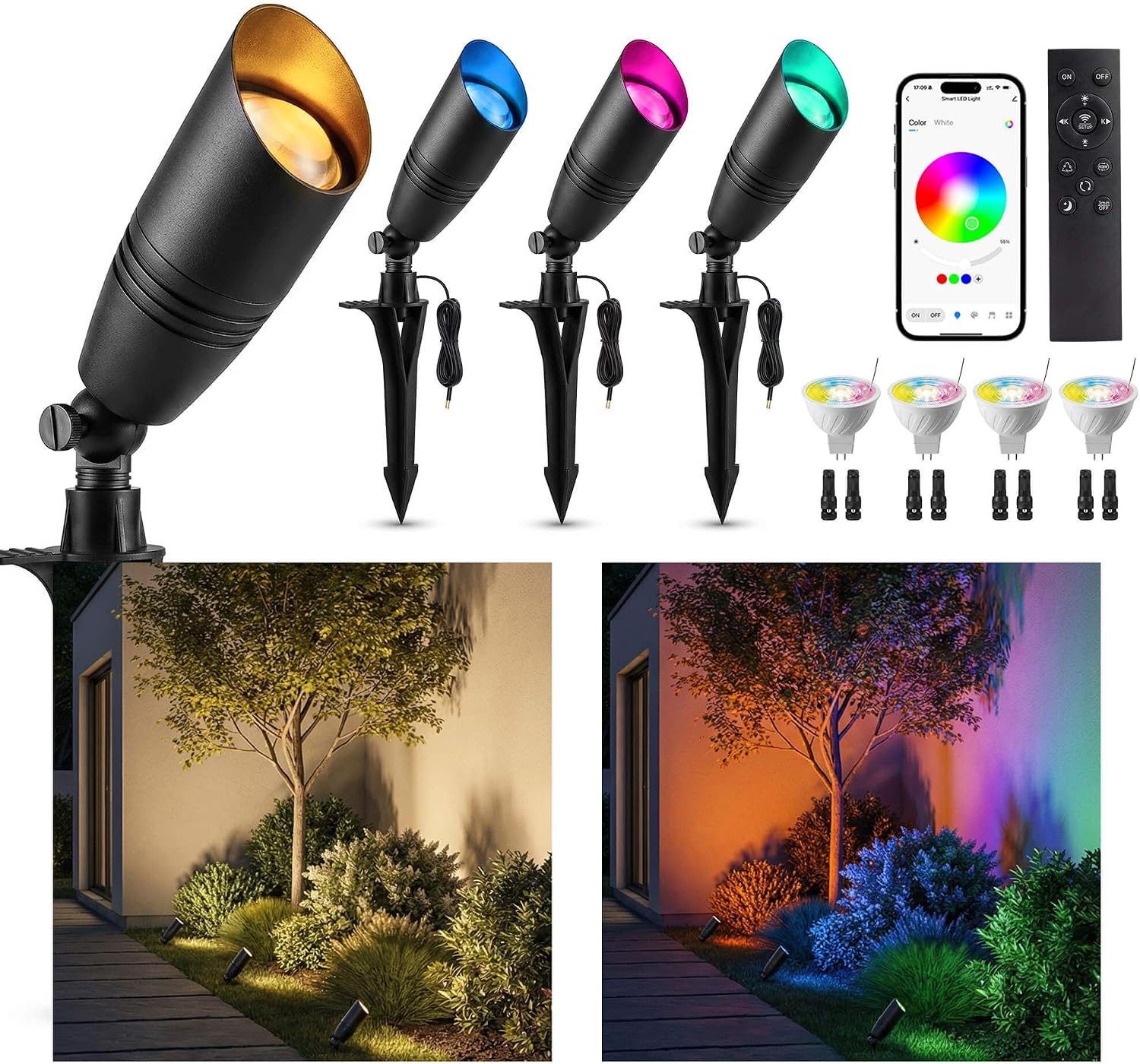 Outdoor Lighting Voltage - 低電圧屋外RGBCW景観スポットライト12v変色ツリー照明アプリリモコン交換可能電球IP65防水