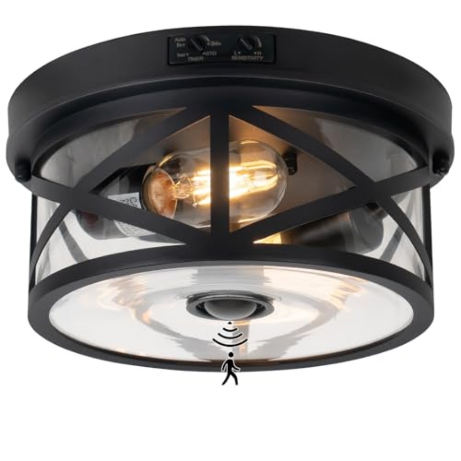 Outdoor Lighting With Sensor - モーションセンサー屋外天井照明、調節可能な黒色フラッシュマウント照明器具、2灯式ポーチライト屋外用、透明ガラスインダクションライト