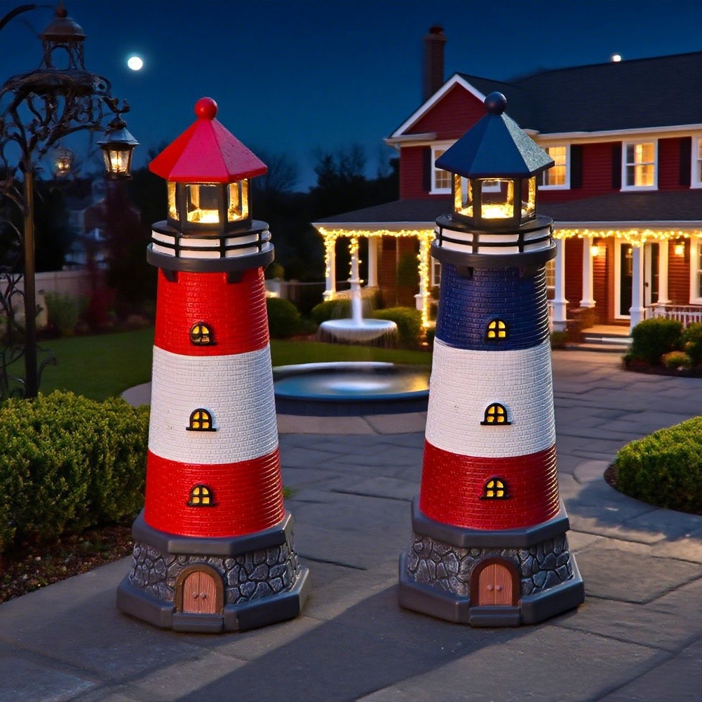 青と赤のソーラー式樹脂製灯台ガーデン屋外装飾品、地中海スタイ - Outdoor Lighting Mediterranean Style のレビューと価格