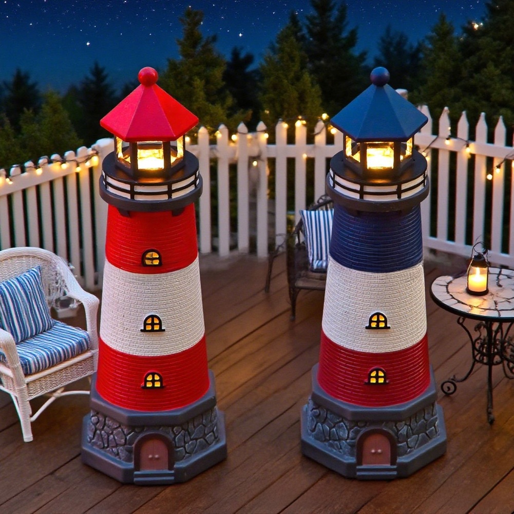 青と赤のソーラー式樹脂製灯台ガーデン屋外装飾品、地中海スタイ - Outdoor Lighting Mediterranean Style のレビューと価格